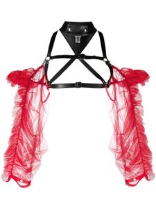 Noir Kei Ninomiya haut en cuir à manches en tulle - Rouge
