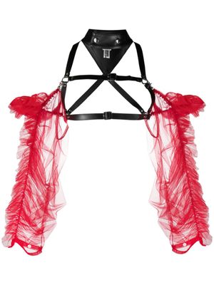 Noir Kei Ninomiya haut en cuir à manches en tulle - Rouge