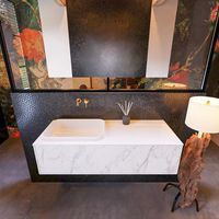 Badkamermeubelset Mondiaz Erin 120 cm met 1 Lade met RIDGE Wastafel Links Talc Zonder Kraangaten Greeploos Mat Carrara