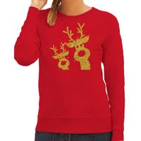 Foute kersttrui/sweater voor dames - gouden rendieren - rood - glitter goud - rendier - thumbnail