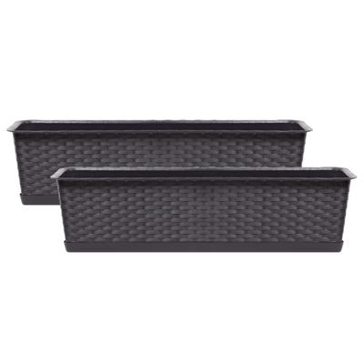 Kunststof plantenbak/bloembak Ratolla - 2x - rotan look - donkerbruin - 40 x 17 x 15 cm