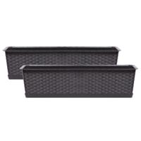 Kunststof plantenbak/bloembak Ratolla - 2x - rotan look - donkerbruin - 40 x 17 x 15 cm
