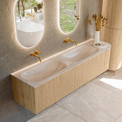 Badmeubel Mondiaz Kurve-Dlux | 175 cm | Meubelkleur Oak | Wastafelkleur Meli | Solid surface | Dubbel / Links spoelbak | Zonder kraangat(en)