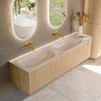 Badmeubel Mondiaz Kurve-Dlux | 175 cm | Meubelkleur Oak | Wastafelkleur Meli | Solid surface | Dubbel / Links spoelbak | Zonder kraangat(en)