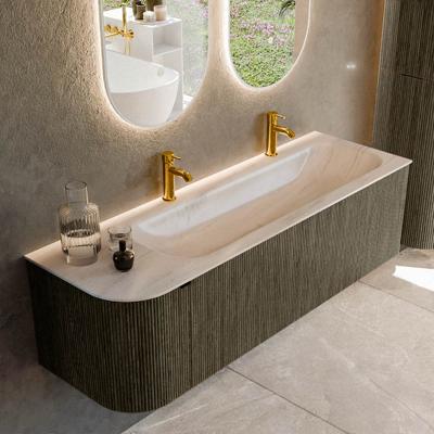 Badmeubel Mondiaz Kurve-Dlux | 145 cm | Meubelkleur Shadow | Wastafelkleur Meli | Solid surface | Wasbak rechter zijde spoelbak | 2 kraangaten