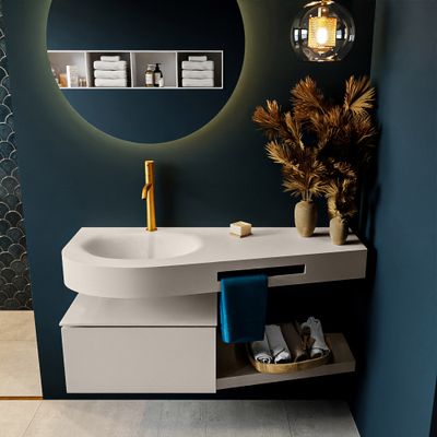 MONDIAZ RIVA 120cm badmeubel onderkast / planchet kleur Linen met 1 lade. Wastafel DULCET links 1 kraangat kleur Linen. MONDIAZ RIVA 120cm badmeubel onderkast / planchet kleur Linen met 1 lade. Wastafel DULCET links 1 kraangat kleur Linen.