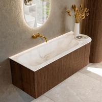 Badmeubel Mondiaz Kurve-Dlux | 125 cm | Meubelkleur Walnut | Wastafelkleur Frappe | Solid surface | Links spoelbak | Zonder kraangat(en) Badmeubel Mondiaz Kurve-Dlux | 125 cm | Meubelkleur Walnut | Wastafelkleur Frappe | Solid surface | Links spoelbak | Zonder kraangat(en)