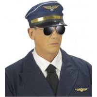 Carnaval verkleed set - pilotenpet - blauw - met een wings broche - heren/dames - thumbnail