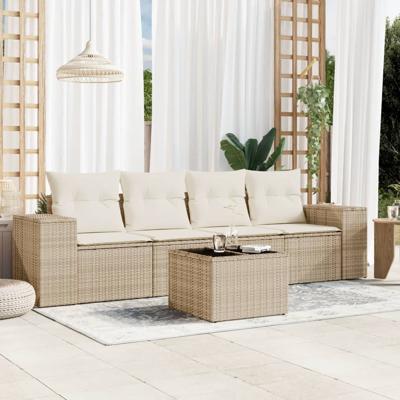 5-delige Loungeset met kussens poly rattan beige
