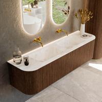 Badmeubel Mondiaz Kurve-Dlux | 170 cm | Meubelkleur Walnut | Wastafelkleur Frappe | Solid surface | Dubbele spoelbak | Zonder kraangat(en)