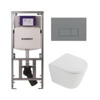 QeramiQ Dely Toiletset - 36.3x51.7cm - diepspoel - rimless - Geberit UP320 inbouwreservoir - softclose toilet zitting 35 mm - bedieningsplaat licht grijs - rechthoekige knoppen - mat wit SW1026254/SW1000767/0701131/SW1102375