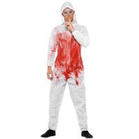 Halloween verkleedkleding - Bloederige overall - volwassenen - wit met rood - Forensisch agent - thumbnail