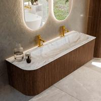 Badmeubel Mondiaz Kurve-Dlux | 145 cm | Meubelkleur Walnut | Wastafelkleur Glace | Solid surface | Rechts spoelbak | 2 kraangaten