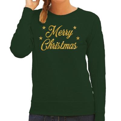 Foute Kersttrui - sweater - Merry Christmas - gouden glitters tekst - groen - dames - kerstkleding Foute Kersttrui - sweater - Merry Christmas - gouden glitters tekst - groen - dames - kerstkleding
