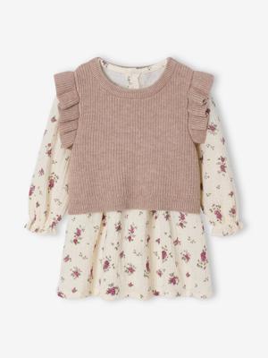 2-delige babyset met jurk met print en trui zonder mouwen ecru