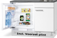 Keukenblok 110cm Wit mat met inbouw koelkast en rvs spoelbak RAI-43012 Keukenblok 110cm Wit mat met inbouw koelkast en rvs spoelbak RAI-43012