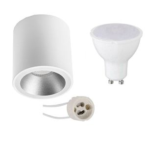 Opbouwspot Set - Pragmi Cliron Pro - GU10 Fitting - Opbouw Rond - Mat Wit/Zilver - 6W - Warm Wit 3000K - Verdiept - Ø90mm