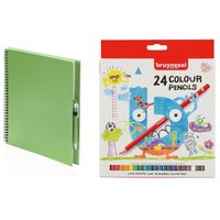 Schetsboek/tekenboek groen met 24 kleurpotloden   -