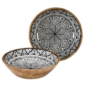 Salade serveer schaal - 2x - Fruitschaal/fruitmand - mango hout - D28 x H7 cm - bruin/print