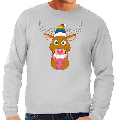 Foute kersttrui - Gay Rudolf het rendier - grijs - voor heren - met regenboog kerstmuts Foute kersttrui - Gay Rudolf het rendier - grijs - voor heren - met regenboog kerstmuts