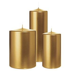 Cilinderkaarsen/stompkaarsen - set van 3 - metallic goud - 7x13/10x15/7x20 cm