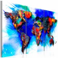 Schilderij - Wereldkaart - Regenboog Kaart, Multi-gekleurd, 3luik , wanddecoratie , premium print op canvas
