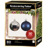 Zilver met donkerblauwe kerstballen pakket 90-delig voor 150 cm boom   - - thumbnail