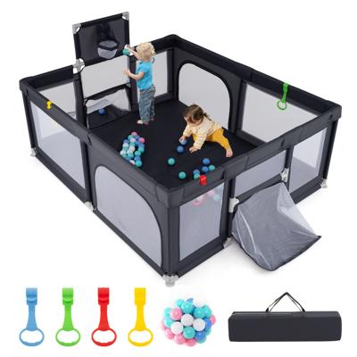 188 x 157 cm Babybox met Basketbalring Voetbaldoel Peuterbox met Ballen Draagbaar Kinderactiviteitencentrum met Draagtas Donkergrijs
