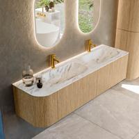 Mondiaz KURVE-DLUX 165 cm Onderkast Greeploos 2 Lades Met Deuren Oak, Wastafel Solid Surface Rechts Glace 2 Kraangaten Zonder Spiegel (KRVSTS165L2L1D2KD-Oak/Gla)