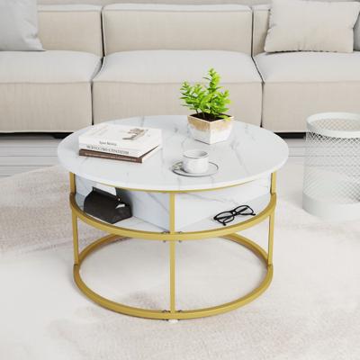 Salontafel met Opklapbaar Blad 80 cm Ronde Centrale Tafel met Verborgen Vak en Zijplanken Cocktailtafel met 2 Niveaus voor Woonkamers