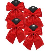 Kerst strik ornament - 4x - rood - 24 x 28 cm - polyester pailletten - kerststrik - kerstversiering