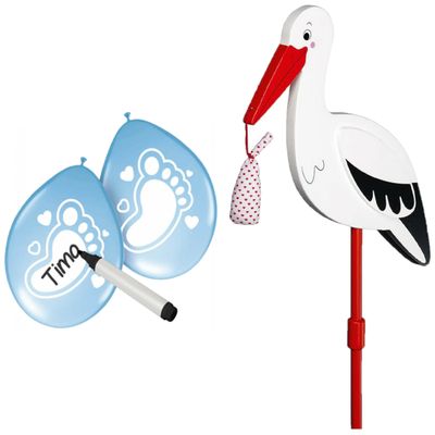 Geboorte versiering jongen - ooievaar geboorte bord - 77 cm hoog - 6x blauwe ballonnen