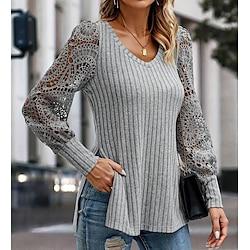 Dames Blouse Gestructureerd Geribd Effen Kleur Vetergat Dagelijks Elegant Stijlvol Pofmouw Lange mouw Strakke ronde hals Grijs Lente Herfst Lightinthebox