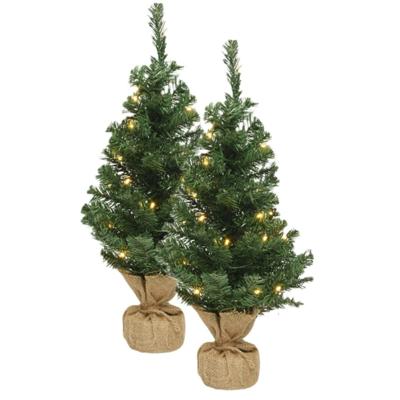 Bellatio Decorations mini kerstboom - 2x - H45 cm - met kerstverlichting - jute zak