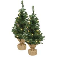 Bellatio Decorations mini kerstboom - 2x - H45 cm - met kerstverlichting - jute zak