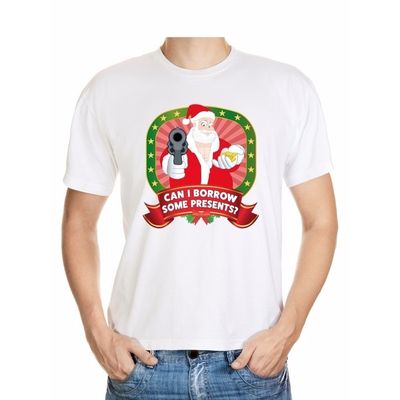 Foute Kerst t-shirt wit can I borrow some presents voor heren Foute Kerst t-shirt wit can I borrow some presents voor heren