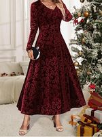 Women's Plus Size Velvet Party Midi Dress Long Sleeve Floral Jacquard Dress Christmas Wedding