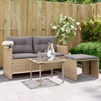 3-delige Loungeset met kussens poly rattan beige - thumbnail