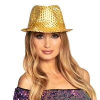 Boland Carnaval verkleed trilby hoedje - 2x - pailletten - Goud - volwassenen - Glitter and Glamour
