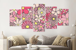 Karo-art Schilderij -Roze bloemen,    5 luik, 200x100cm, Wanddecoratie