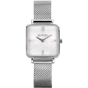 Zinzi ZIW1717 Horloge Square Mini Mesh staal-parelmoer zilverkleurig-wit 22 mm + gratis armband