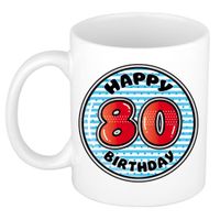 Verjaardag cadeau mok - 80 jaar - blauw - gestreept - 300 ml - keramiek