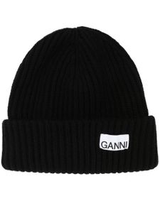 GANNI bonnet en maille nervurée à patch logo - Noir