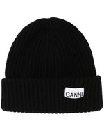 GANNI bonnet en maille nervurée à patch logo - Noir - thumbnail