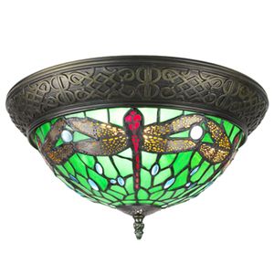 LumiLamp Plafondlamp Tiffany Ø 38 cm Groen Bruin Kunststof Glas Rond Plafonniere Groen Plafonniere