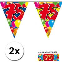 Leeftijd versiering - 2x vlaggenlijnen 75 jaar - met gratis sticker - feestartikelen - verjaardag