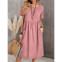 Dames Katoenen zomerjurk Halflange jurk Katoen Zak Casual Dagelijks Strakke ronde hals Korte mouw Zomer Lente Blozend Roze Marineblauw Effen Lightinthebox