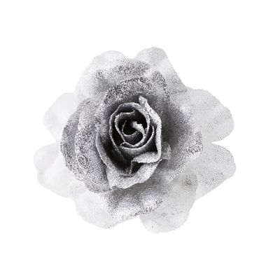 1x Kerstboomversiering bloem op clip zilver/wit en besneeuwd 18 cm 1x Kerstboomversiering bloem op clip zilver/wit en besneeuwd 18 cm