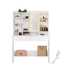 VASAGLE kaptafel met LED-verlichting cosmeticatafel met verstelbare planken, 2 laden, modern, wit