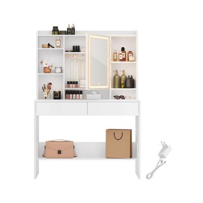 VASAGLE kaptafel met LED-verlichting cosmeticatafel met verstelbare planken, 2 laden, modern, wit